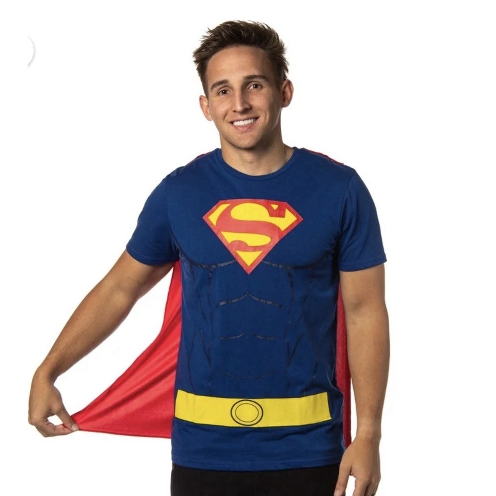 Superman‎ Costume T-Shirt with Detachable Cape Mens XXL Blue DC Comics Cosplay